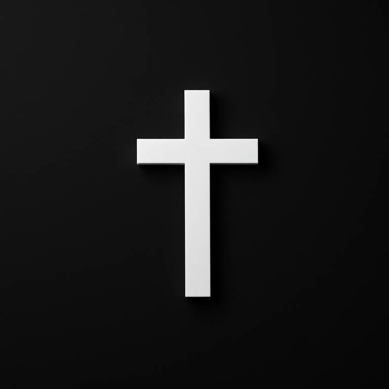 Create a high-quality image of a simple white cross on a solid black background, captured with a DSLR camera at f/2.8, ISO 100, 1/60 sec, top-down view, using a macro lens for enhanced clarity and detail.