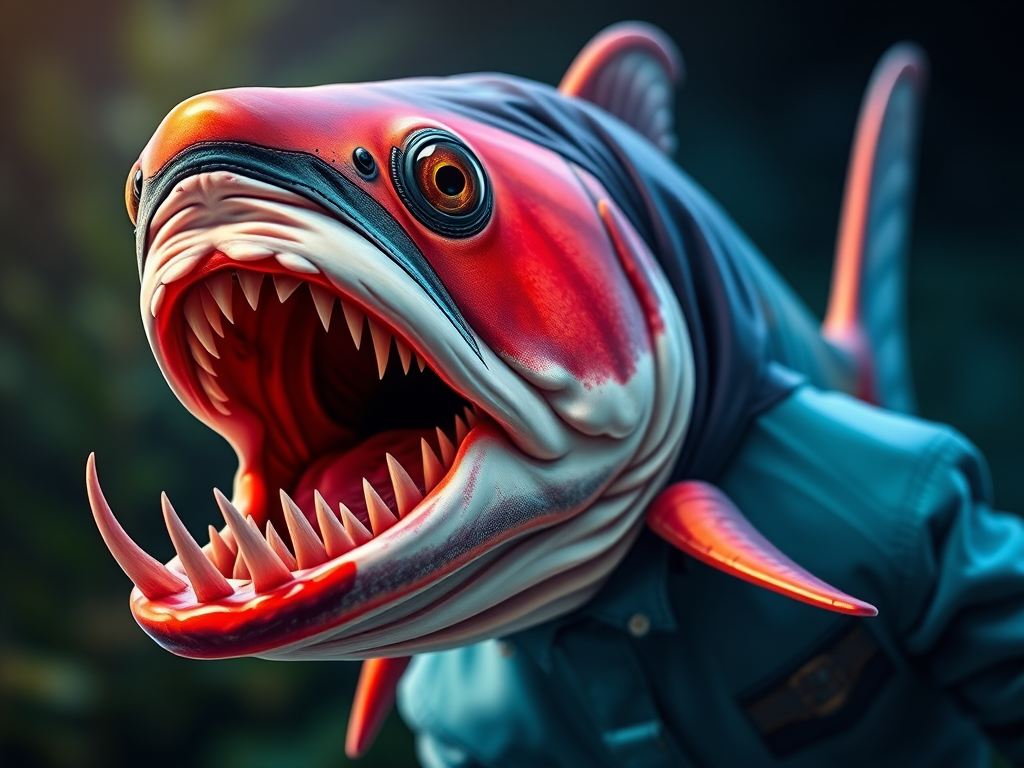 Create a vibrant digital illustration of a piranha with a human suit, featuring exaggerated facial features and sharp teeth, shot in high-resolution using a DSLR camera, 50mm lens, f/2.8 aperture, with soft lighting and a slight vignette effect for added depth.