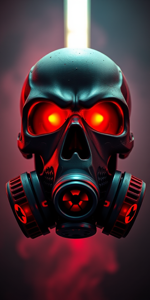 Create a high-resolution image of a stylized skull with glowing red eyes and a gas mask, featuring a radioactive symbol at the center, using a Canon EOS R5, 50mm lens, f/1.8, ISO 100, shot in a dramatic low-angle view with a focus on vibrant colors and sharp details.