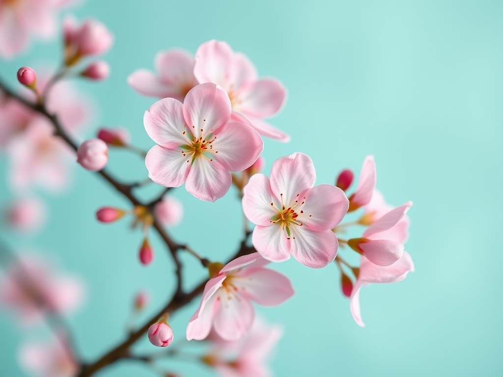 a close-up shot of delicate pink cherry blossoms arranged elegantly against a soft teal background, using a DSLR camera with a 50mm lens at f/1.8, ISO 100, and natural soft lighting to enhance the colors and details