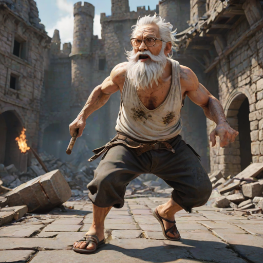 Cartoon 3D High-Resolution,dynamic battle scene using Unreal Engine 5 and Octane Render. The scene features back of an elderly, thai man with a beard,messy hair and round golden-rimmed glasses. He is wearing a tattered tank top with soot marks, shorts, and sandals. sweating. he wields a baseball bat. He jump to fight with a white fire-breathing Europe dragon amidst a partially destroyed stone castle. Include intense flames, smoke, and debris to enhance the dramatic effect.