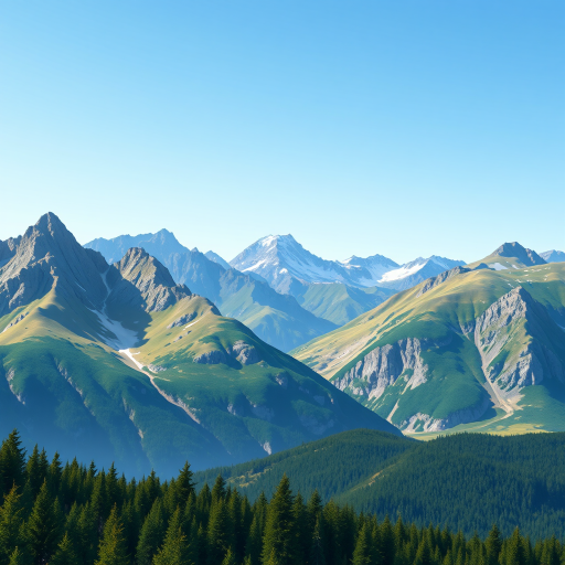 high-resolution mountain range illustration, DSLR camera, 50mm lens, f/8 aperture, ISO 100, natural lighting, wide-angle view, vibrant colors, sharp focus, smooth gradients