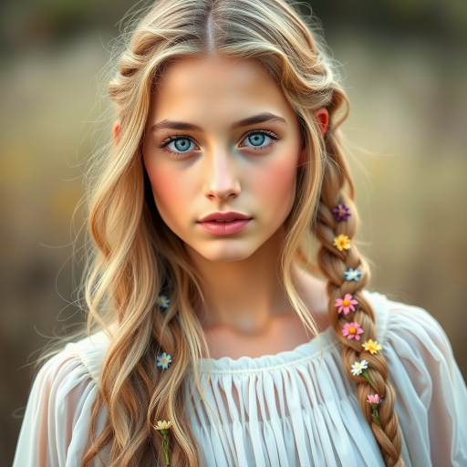 Create an image of a young Armenian woman with long, wavy blonde hair, adorned with small, colorful flowers woven into her braids and loose strands. Her complexion is fair, with soft, glowing skin, and she has light blue eyes that gaze softly at the viewer. She wears a light, flowing dress with a gentle, ethereal quality, complementing her delicate and serene appearance. The background is slightly blurred, drawing focus to her tranquil expression and the intricate details of the flowers in her hair. The overall mood of the image is one of natural beauty and grace, evoking a sense of peacefulness and connection with nature.