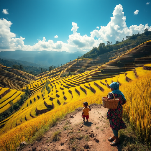 a vibrant landscape of terraced rice fields with a woman carrying a basket and a child walking beside her under a bright blue sky, shot with a Canon EOS 5D Mark IV, 24mm lens, aperture f/8, ISO 200, at a slightly elevated angle for depth and clarity