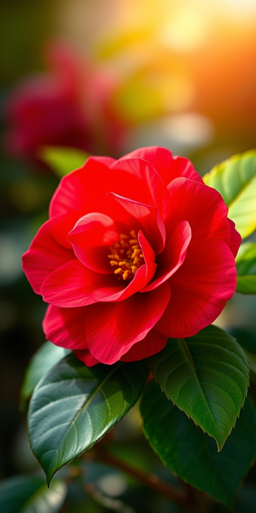 Create a vibrant digital illustration of a blooming red camellia flower with lush green leaves, set against a softly blurred light background, captured with a Canon EOS R5, 50mm f/1.2 lens, in macro mode for intricate detail, using a high dynamic range to enhance color contrast and clarity.