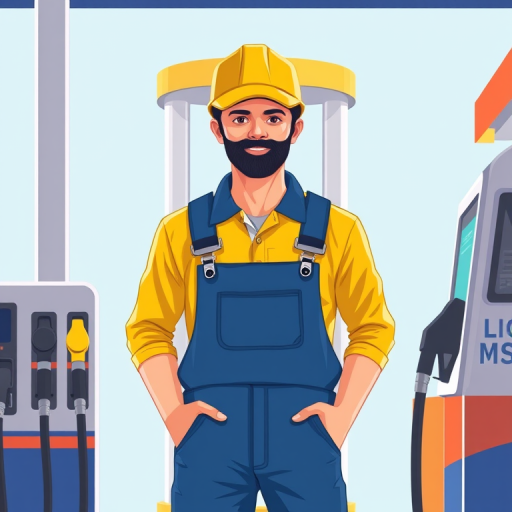 illustration of a worker at a fuel pump wearing a yellow cap and blue overalls, bright colors, vector style, shot with a Canon EOS R5 at f/4, ISO 100, 50mm lens, front view, high resolution, simple background