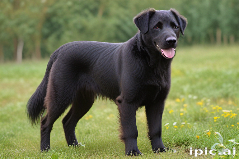 Playful Black Dog Standing in a Sunny Green Field with Flowers