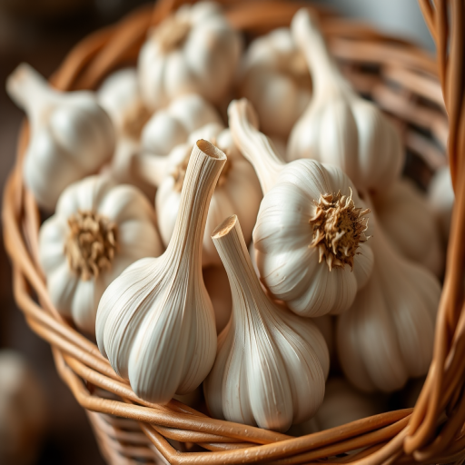 high-quality close-up photograph of a basket of garlic cloves, natural light, f/2.8 aperture, 1/60 sec shutter speed, ISO 200, 50mm lens, shallow depth of field, soft focus background