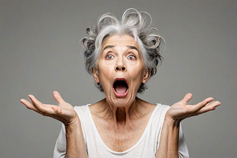 scribbly unfinished sketch, old lady with messy gray hair in a loose bun, surprised expression, mouth open, hands clasped together in front of her chest. Her eyes are wide, eyebrows are furrowed. vibe of shock or surprise.