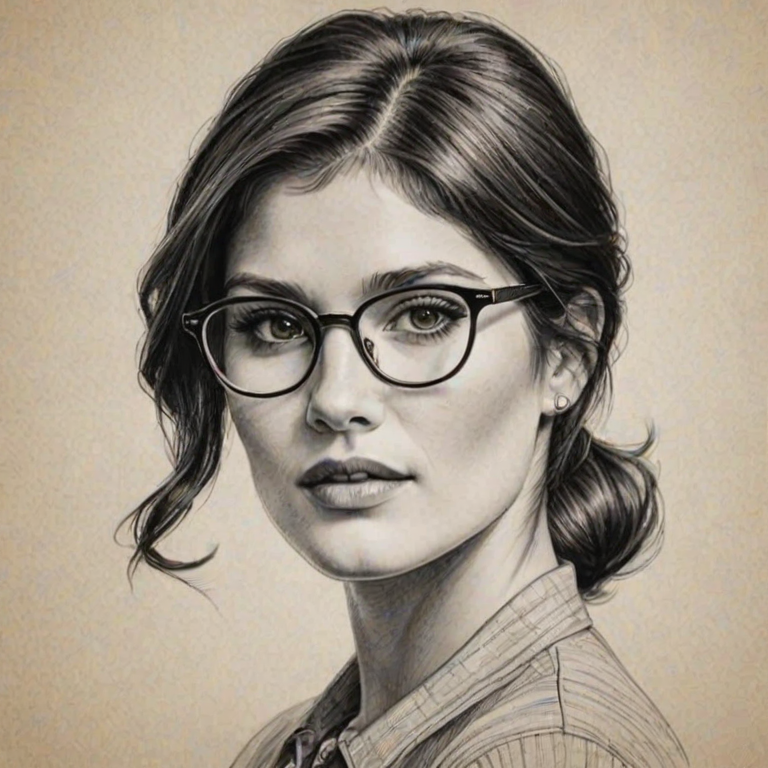 Beauteous Gemma Arterton, pencil sketch, portrait of Comely woman 1941s in glasses, hair style beatnik, outline, clear lines, fine lines, 8k