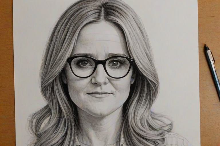 Enticing Samantha Bee, pencil sketch, portrait of Delightful woman 1977s in glasses, hair style beatnik, outline, clear lines, fine lines, 8k