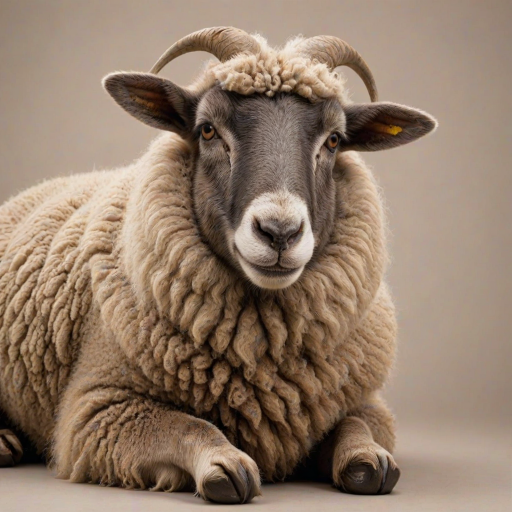 Generate an image of a relaxed sheep with a thick, fluffy brown coat, lying down against a neutral background. The sheep should have a calm expression, with its ears perked up slightly, capturing a peaceful and cozy atmosphere.