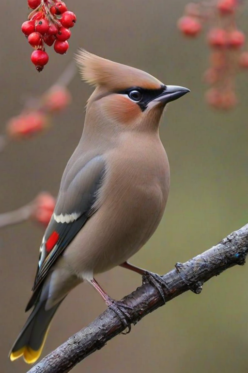a close-up of a waxwing bird perched on a branch with red berries against a blurred background
