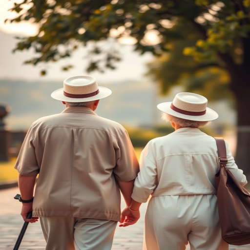 Generate an image of an elderly couple walking away, wearing light-colored outfits and hats, captured in soft morning light using a DSLR camera with a 50mm lens, aperture f/2.8, ISO 100, and a slight bokeh effect for depth, featuring a scenic background.