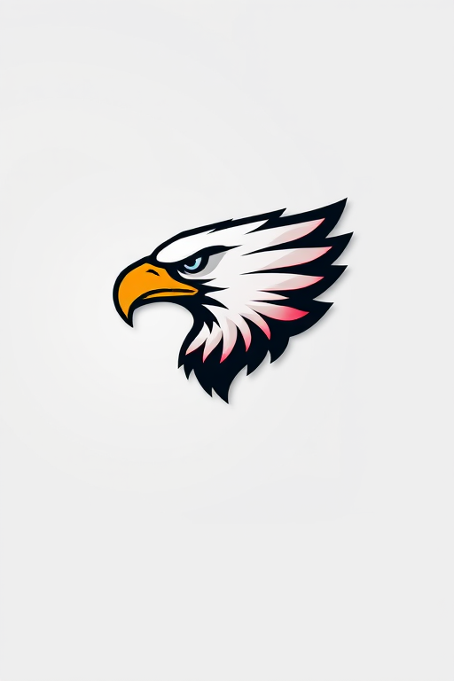 Create a high-resolution image of a stylized eagle head logo, using a digital camera with a 24mm lens, f/8 aperture, ISO 100, soft lighting, and a centered composition.
