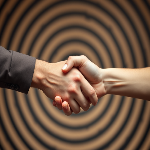 A close-up image of two hands shaking with a blurred circular maze background, using a Canon EOS R, f/2.8 aperture, ISO 100, 50mm lens, shot from a slightly elevated angle to enhance depth of field and detail.