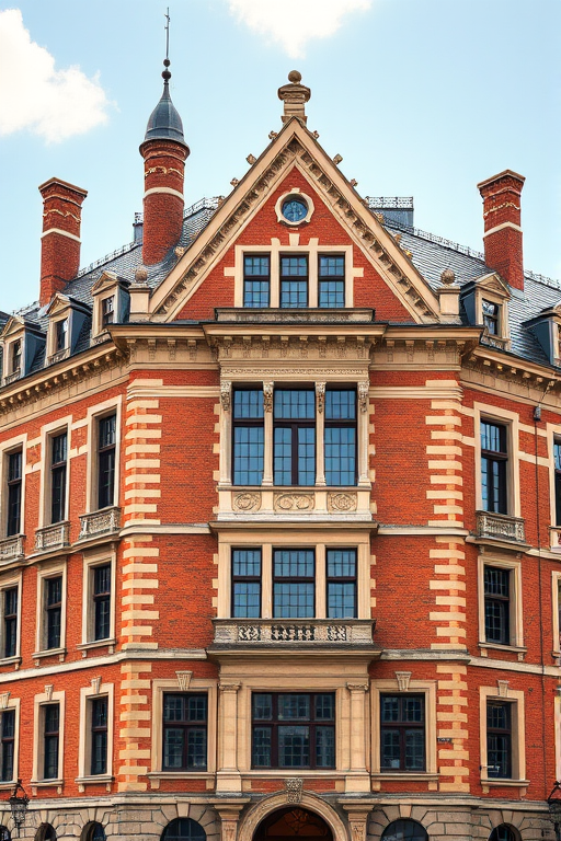 Regenerate the image of a historic building resembling a town hall, showcasing its ornate gabled roof and window details, using a DSLR camera with a 50mm lens, f/1.8 aperture, ISO 100, 1/250s shutter speed, shot in daylight from a frontal view with high saturation and sharpness for enhanced clarity.