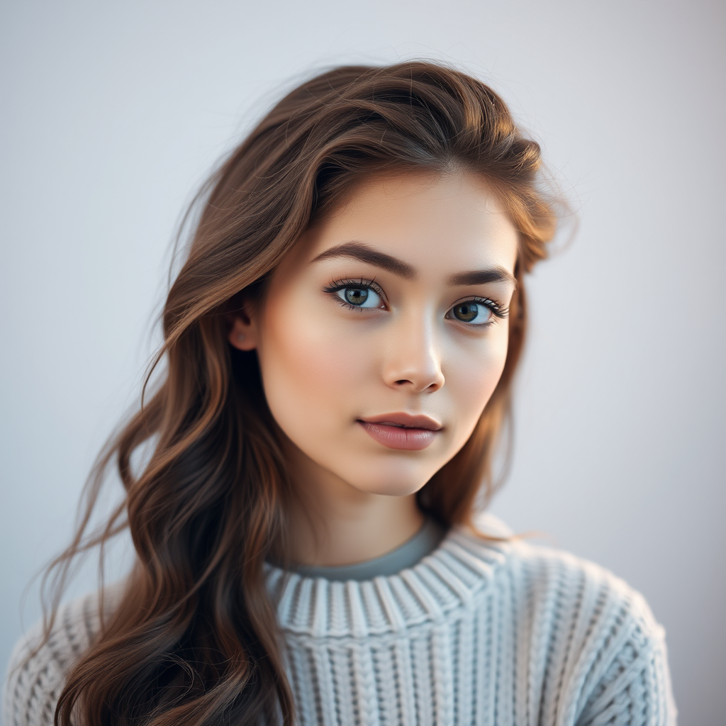 portrait of a young woman with long wavy hair, soft lighting, pastel colors, high-resolution, 85mm lens, f/1.8 aperture, ISO 100, shallow depth of field, soft bokeh background, natural makeup, cozy sweater, dreamy atmosphere, taken with a digital mirrorless camera