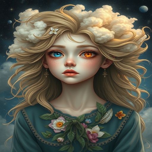 Create a series of imaginative portraits where each subject is infused with elements of fantasy and nature. The hair of the individuals should flow like clouds, varying from soft, fluffy cumulus to wispy cirrus strands, with hints of color reflecting a sunset or a clear blue sky. The eyes should be windows to entire galaxies, with stars, nebulae, and distant planets visible within them. Clothing should be adorned with nature motifs, such as floral patterns that bloom and change, vines that seem to grow and wrap around, or feathers that shimmer with iridescence. Each portrait should capture a unique personality, blending human features with the ethereal beauty of the natural and cosmic world. The backgrounds can vary, from starry night skies to enchanted forests, adding depth and context to the magical realism of the portraits