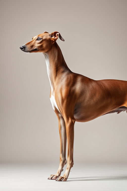 Create an image of a greyhound standing in profile against a neutral background with sharp focus, using a Canon EOS 5D Mark IV, 50mm f/1.8 lens, aperture set to f/2.8, ISO 100, and natural lighting for enhanced clarity and detail.