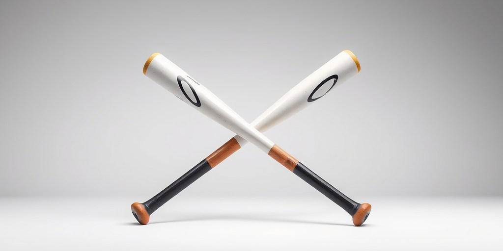 Create an image of two crossed baseball bats with a white and black design on a plain background, using a DSLR camera, 50mm lens, f/2.8 aperture, ISO 100, and a soft focus style to enhance image quality.