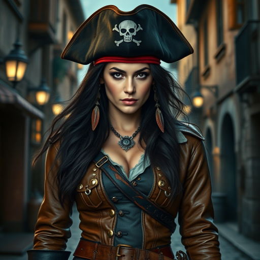 Create a portrait of a fierce female pirate. She wears a leather tricorn hat adorned with a skull and crossbones emblem, and her long, dark hair flows around her face. Her outfit consists of a richly detailed leather jacket, a corset, and multiple layers of belts and accessories, giving her a formidable and stylish appearance. She stands confidently in a dimly lit, historic port town, with a backdrop of weathered buildings and cobblestone streets, capturing the adventurous spirit of a pirate.