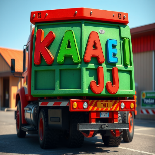 Create a vibrant cartoon-style image of a red and green dump truck with colorful letters K, A, E, R, B, J in the back, using a 50mm lens, f/2.8 aperture, bright daylight, and a dynamic angle to enhance clarity and detail.