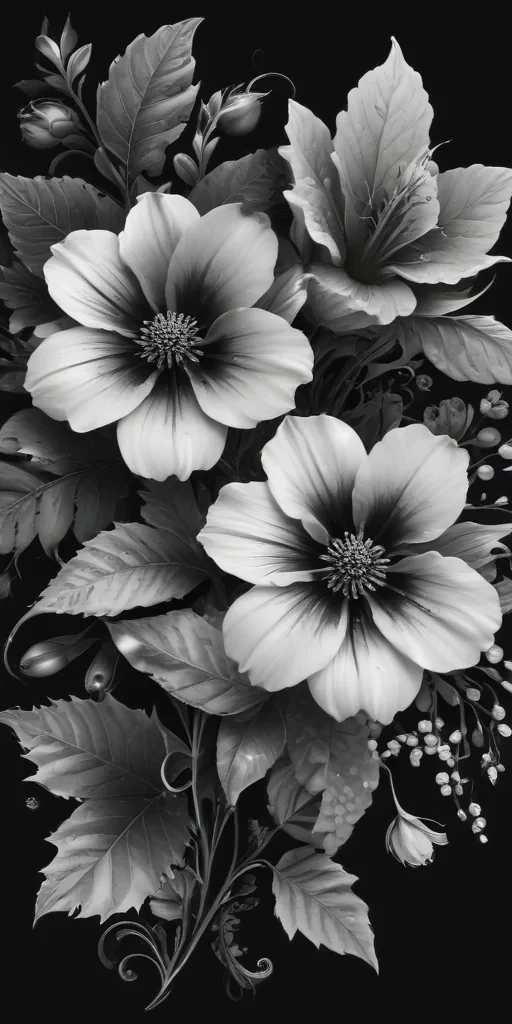 Elegant Black and White Floral Arrangement with Lush Leaves and Budding ...