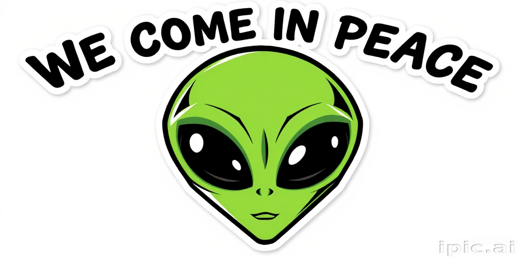 a vinyl sticker design of a cartoon green alien face with the words typed clearly "WE COME IN PEACE" above, bold outline, clear background