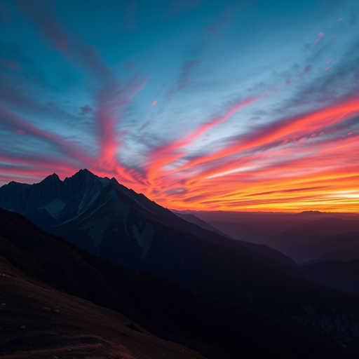 Image of a serene mountain landscape during sunset with vibrant colors in the sky, captured with a Canon EOS R5, 24mm lens, aperture f/8, ISO 100, shot in landscape orientation with natural lighting.