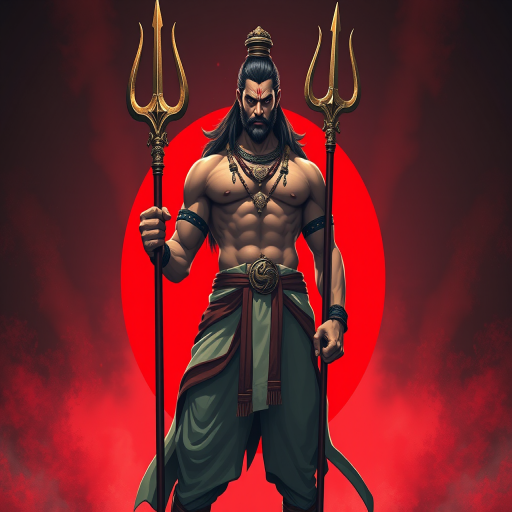 Create an illustration of a muscular figure resembling a deity standing confidently with a trident, wearing traditional attire, a vibrant red circular background, dramatic lighting, 85mm lens, f/1.8 aperture, shot from a low angle for a heroic perspective, high-resolution digital art style.