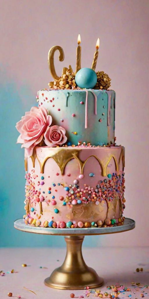 Regenerate an image of a colorful cake with a textured surface featuring pastel shades of pink, blue, and gold. The cake is topped with a variety of decorative elements, including shiny spheres in pink, gold, and multicolored sprinkles. The overall appearance should be vibrant and artistic, suitable for a celebration.