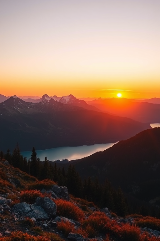 Create a high-resolution image of a serene landscape at sunset featuring mountains and a lake, captured with a Canon EOS 5D Mark IV using a 50mm lens, aperture f/8, ISO 100, and a low angle view to enhance depth and clarity.