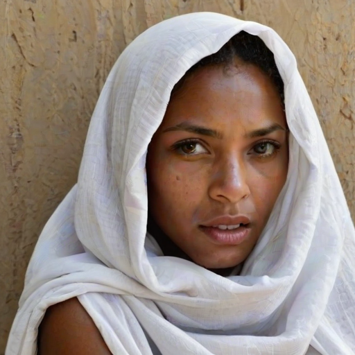 Create a close-up photographic image of a Cape Verdean woman with light skin tones shown against an old, worn wall. Their head is wrapped in a white cloth covering (i.e.... parts of the head except the nose and mouth, which are open as if they are screaming...), with a slight texture and visible folds in the fabric. Thin strands of blonde hair escape from the wrapping above, falling lightly at the top and sides. Their hands hold the fabric as if they are tugging nervously. The lighting is dramatic and even, casting strong shadows. The image has a minimalist and surreal style with an emphasis on simplicity with soft color tones. The composition is centered.