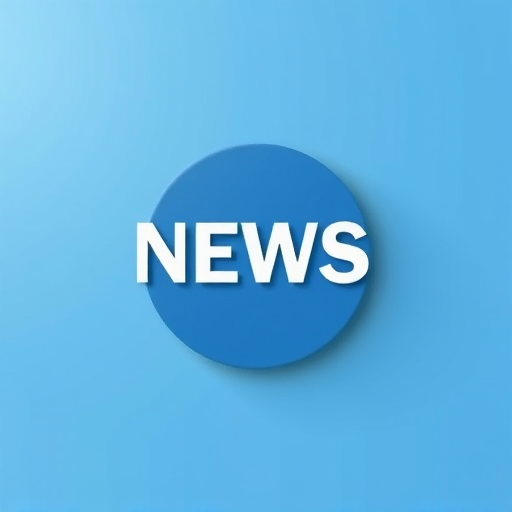 Create a vector-style image of a newspaper icon with the word "NEWS" prominently displayed, using a clean blue gradient background, captured with a DSLR camera at f/11, ISO 100, and a 50mm lens, in a soft focus, overhead view to enhance clarity and depth.