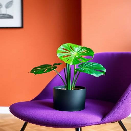 A minimalist indoor setting featuring a vibrant monstera plant in a sleek black pot placed on a modern purple chair, backdrop of warm terracotta wall, shot with a DSLR camera at f/2.8 aperture, ISO 100, shutter speed 1/60s, natural light, focus on plant details and texture.