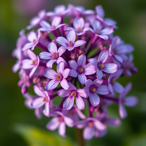Generate a high-resolution close-up image of a cluster of purple flowers with fine details, using a DSLR camera with a 100mm macro lens, aperture set to f/2.8, shutter speed 1/200s, ISO 100, natural soft lighting, and a blurred green background for depth.