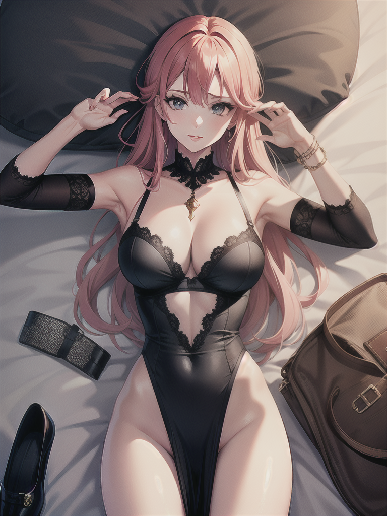 one piece anime perona taking off her lace bra laying on bed face down legs spread