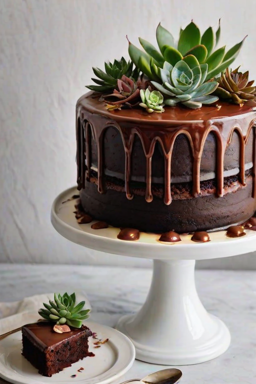 Create an image of a multi-layered chocolate cake decorated with white drippy icing, topped with various succulents and placed on elegant white cake stands. Include small jars of olive oil in the foreground for added detail. The setting should be warm and inviting.
