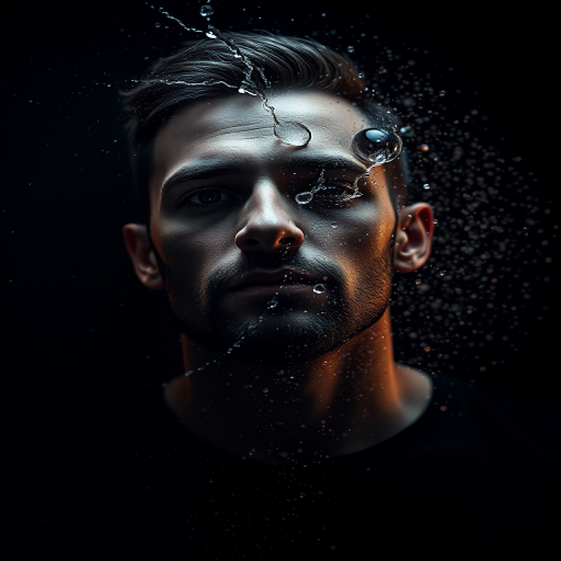 Create an image of a man partially dissolving into particles, showcasing a dramatic and mysterious effect, captured with a Canon EOS R5, 85mm lens, f/1.8 aperture, ISO 100, soft focus background, with low-key lighting to enhance contrast and depth.