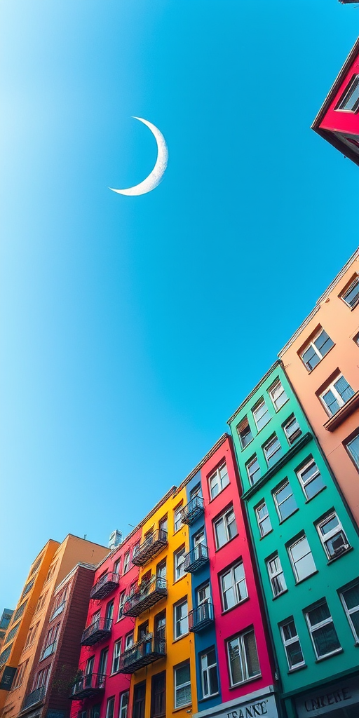 Regenerate a vibrant urban scene looking up at colorful buildings with a large crescent moon in a clear blue sky, shot with a DSLR camera at f/8, ISO 200, 24mm lens, using a wide-angle perspective for enhanced depth and clarity.