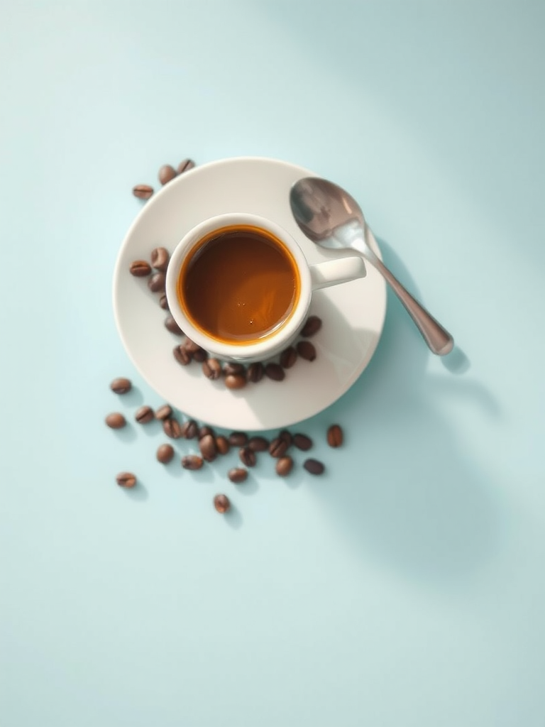a top-down view of a cup of coffee on a white saucer with coffee beans and a silver spoon beside it, soft natural lighting, 50mm lens, f/2.8 aperture, ISO 100, DSLR camera, minimalist style, pastel blue background