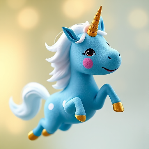 A playful blue unicorn with a golden horn and white mane, joyfully leaping with polka dots, captured in a whimsical style using a DSLR camera at f/2.8 aperture, ISO 100, 50mm lens, in natural lighting for vibrant colors and sharp details.