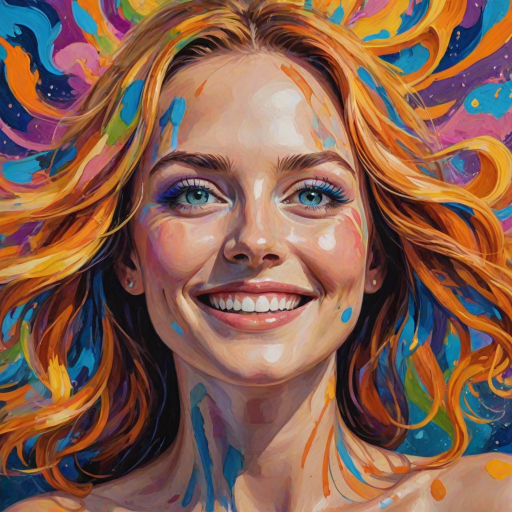 Generate a psychedelic portrait of a woman's happy face with brushstrokes of a woman smiling and looking up at the sky, emphasizing bright and bold colors. The dominant color should be deep blue, with swirling patterns of yellow, green, pink, purple and orange. open blue eyes with long eyelashes, apply an orange-yellow eyeshadow for a mesmerizing effect.