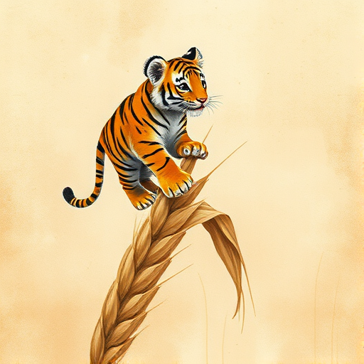 Soft, muted Alcohol Ink with ebru effect background image of tiny whimsical tiger, who climbed high on the top of a golden rye ear.