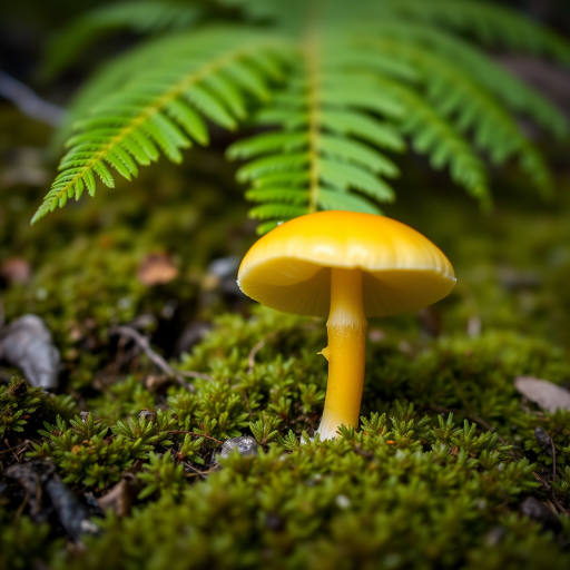 A low angle shot of a yellow mushroom growing on mossy ground with a green fern in the background, captured in natural light using a DSLR camera with a 50mm lens, ISO 100, f/2.8 aperture, and a shutter speed of 1/200 sec to enhance image quality.