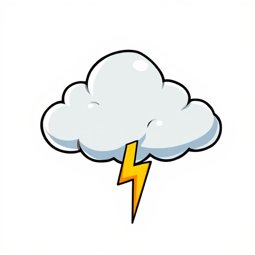 Generate a high-resolution illustration of a cartoon-style cloud with a yellow lightning bolt striking from it, using a Canon EOS R5 camera, aperture f/8, shutter speed 1/250 sec, ISO 100, with a 50mm lens in a flat lay view and digital illustration style.