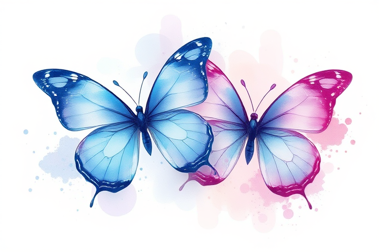 Create an image of two butterflies in soft pastel colors, with a watercolor effect. The butterflies should be predominantly blue with hints of purple and pink, surrounded by a gentle splash of colors that evoke a dreamy and ethereal atmosphere. The background should be minimalistic to emphasize the butterflies.