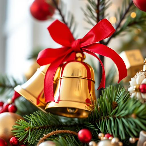 a close-up shot of a decorative Christmas arrangement featuring gold bells adorned with red ribbons, surrounded by pine leaves and festive embellishments, taken with a Canon EOS 5D Mark IV, aperture f/2.8, shutter speed 1/100 sec, ISO 200, natural lighting, shallow depth of field, focus on the bells