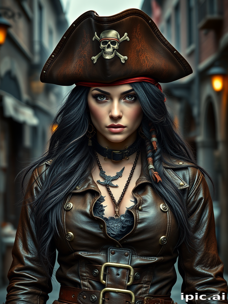 Create a portrait of a fierce female pirate. She wears a leather tricorn hat adorned with a skull and crossbones emblem, and her long, dark hair flows around her face. Her outfit consists of a richly detailed leather jacket, a corset, and multiple layers of belts and accessories, giving her a formidable and stylish appearance. She stands confidently in a dimly lit, historic port town, with a backdrop of weathered buildings and cobblestone streets, capturing the adventurous spirit of a pirate.